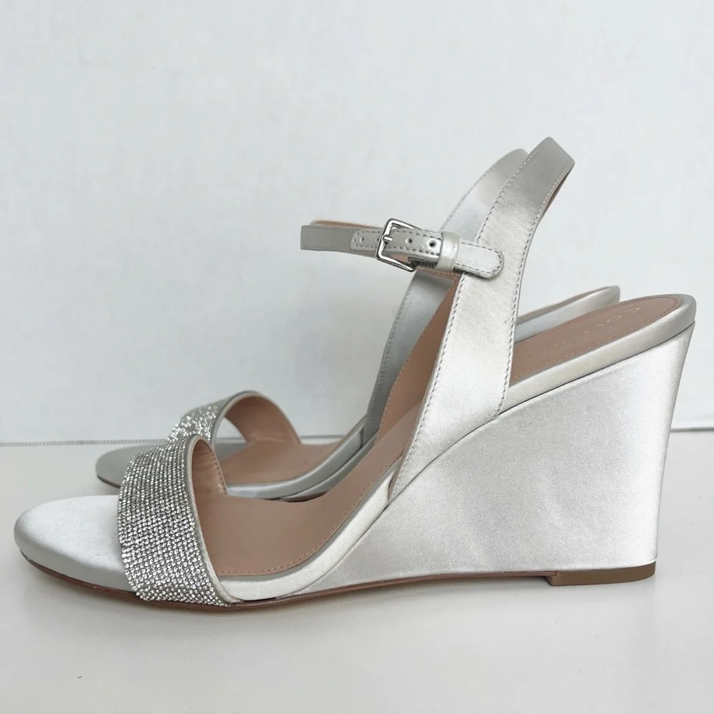 •COLE HAAN•‎ Josie Wedge Ankle Strap Sandal Heel Size 9.5B Gray Satin Crystals